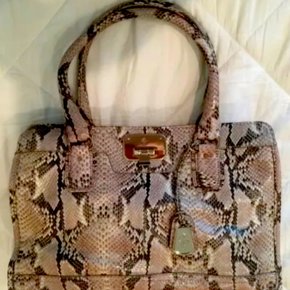 COLE HAAN Kendra Tote, Ivory/Taupe/Gray Leather Snakeskin Print
